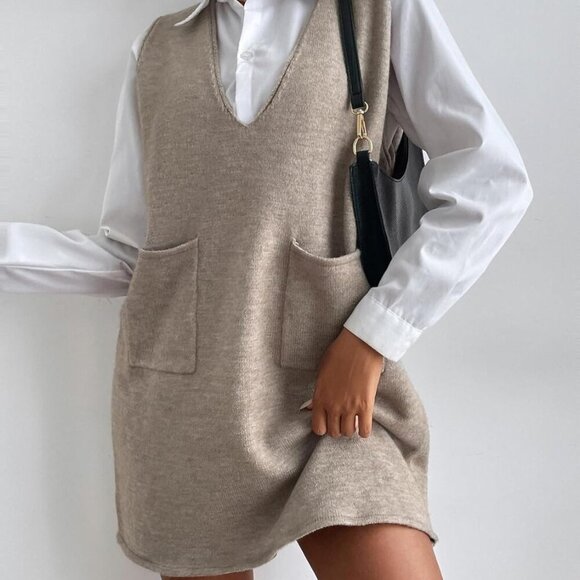 Women's V Neck Sleeveless Knitted Solid Short Sweater Dress with Pockets - Picture 3 of 7